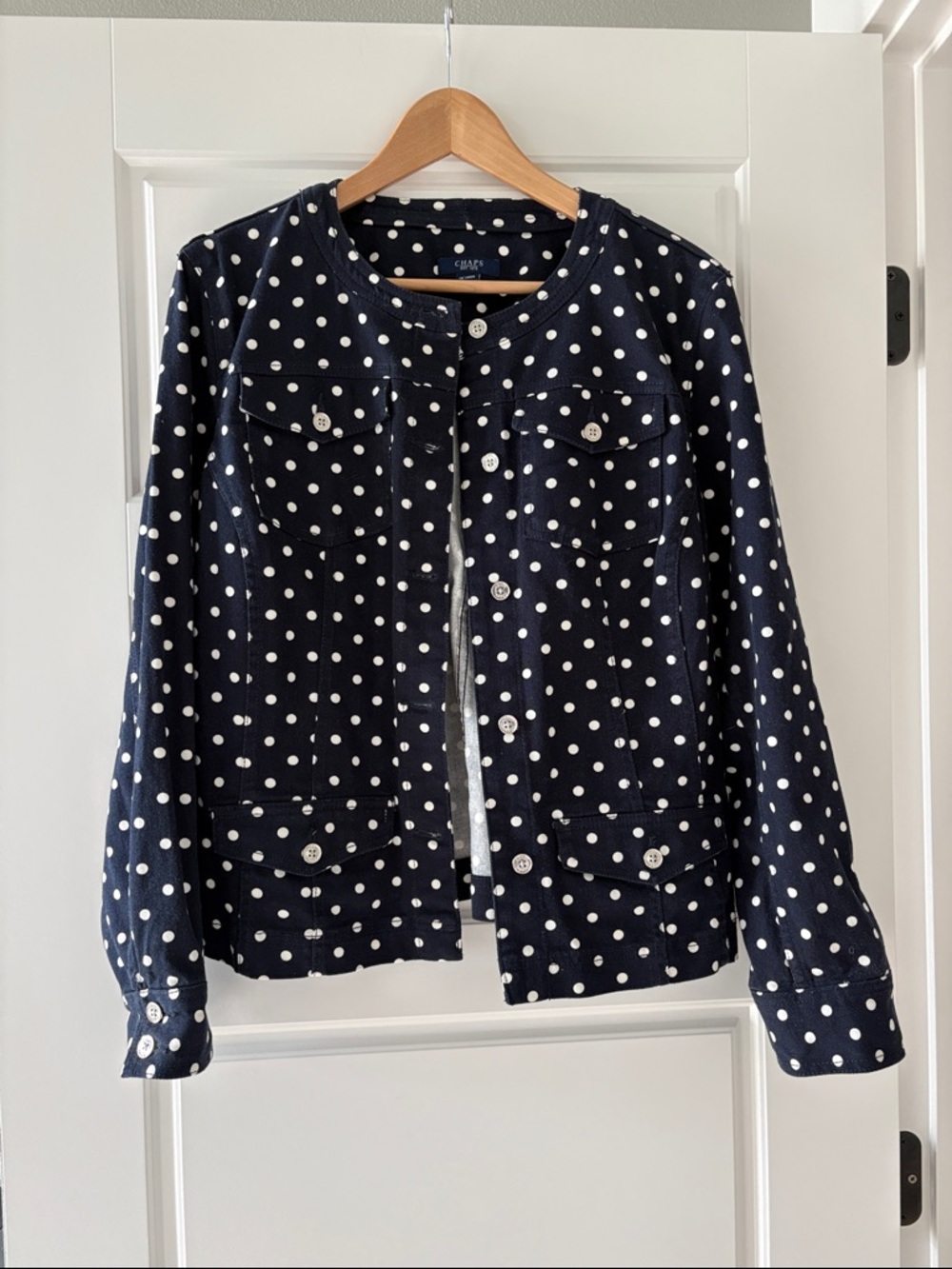 Chaps Navy and White Polka Dot Button Jacket